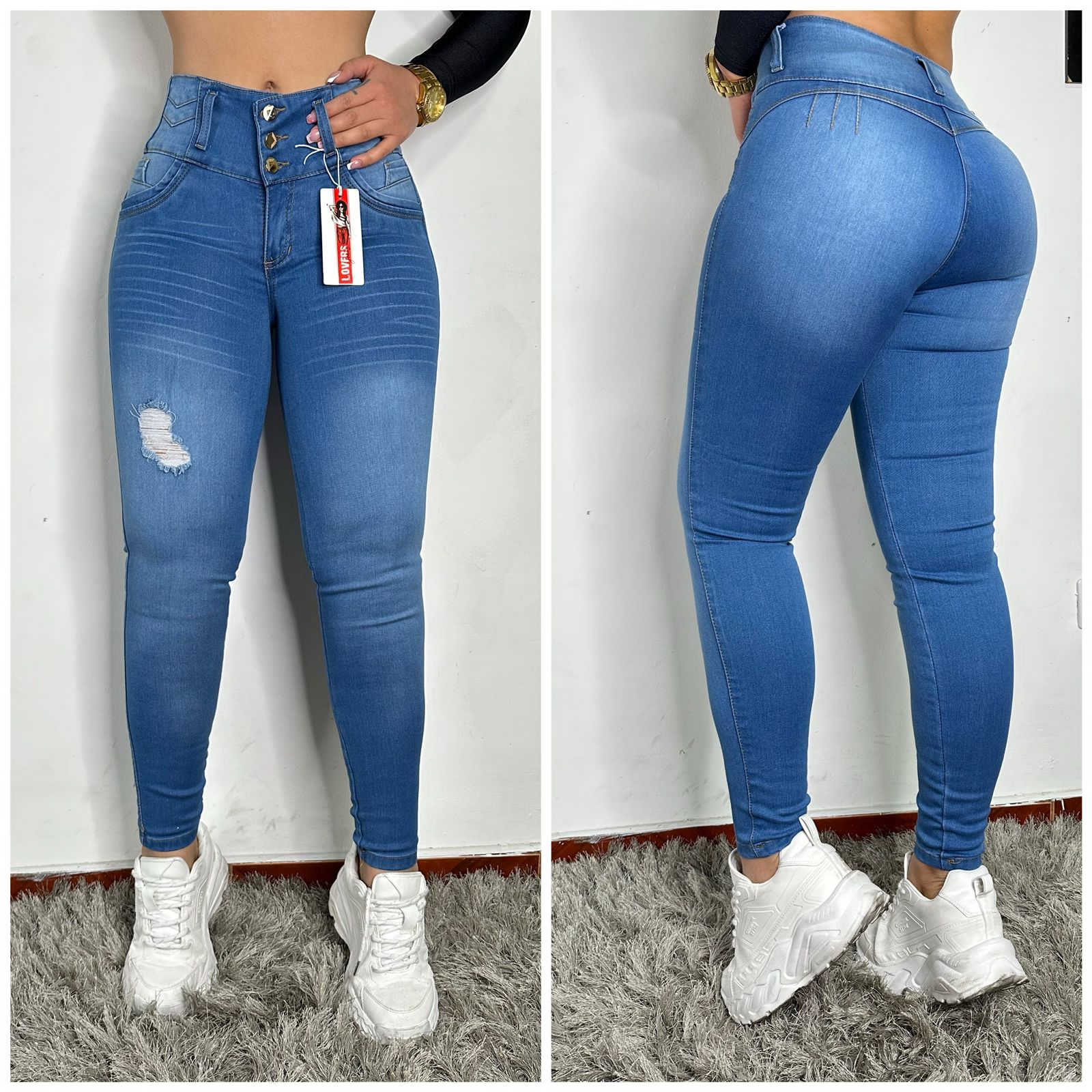 Pantalón de jean en azul neutro, tiro alto y bota tubo, diseñado en talla 8. Levanta cola con cuatro botones delanteros y sin bolsillos traseros para un look pulido. La fusión de estilo y comodidad en una prenda única.